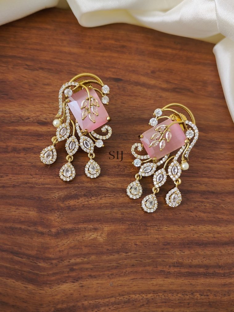 Leaf Design AD &Pastel Pink Stones Earring