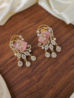 Leaf Design AD &Pastel Pink Stones Earring