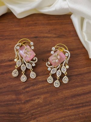 Leaf Design AD &Pastel Pink Stones Earring