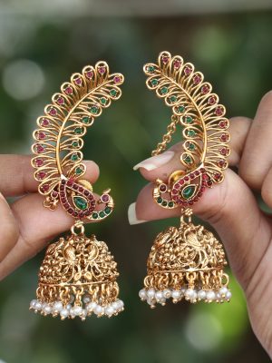 Matte Finish Peacock Design Jhumka Cuff Earrings