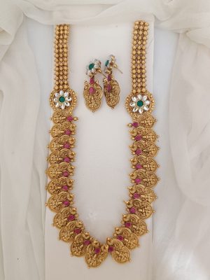 Matte Finish Peacock Lakshmi Coin Long Haaram Set