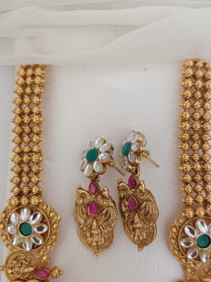 Matte Finish Peacock Lakshmi Coin Long Haaram Set