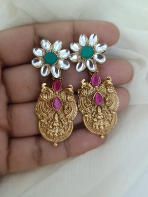 Matte Finish Peacock Lakshmi Coin Long Haaram Set