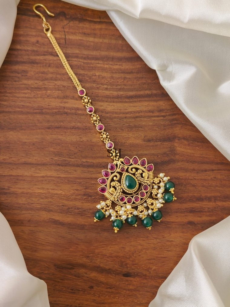 Peacock Design Green Beaded Drop Kemp Stones Floral Tikka