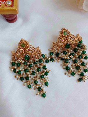 Peacock Design Green Beads &Pearl Drop Earrings