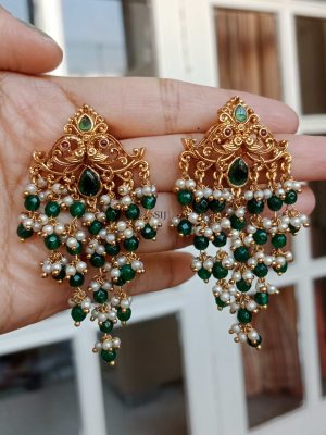 Peacock Design Green Beads &Pearl Drop Earrings