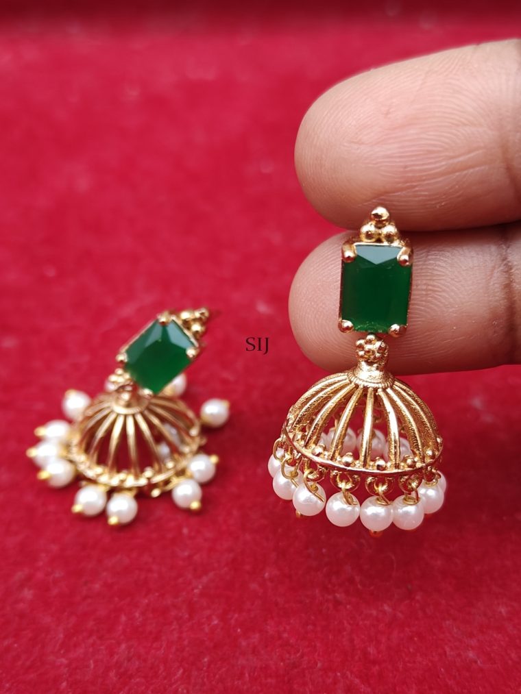 Pearl Drop Green Stone Jhumkas