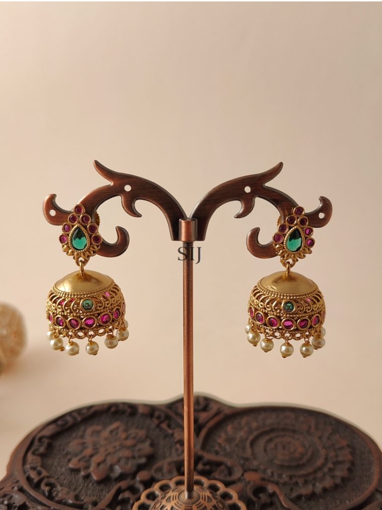 Pearl Drop Kemp Stones Jhumkas