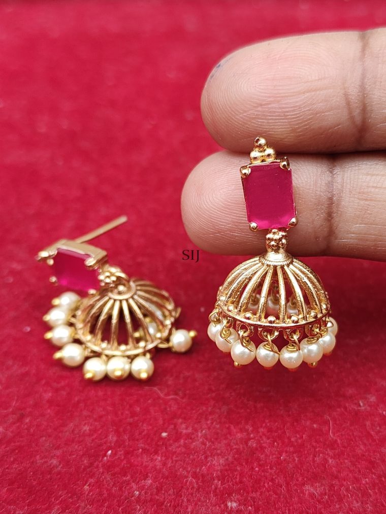 Pearl Drop Red Stone Jhumkas