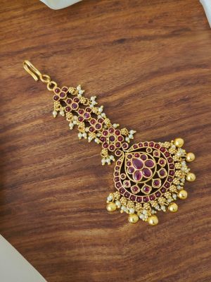 Pearl Drop Ruby Stones Floral Bridal Tikka