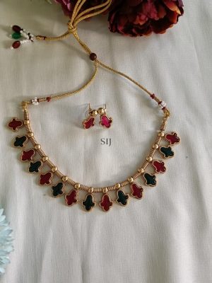 Pink &Green Flower Design Stone Necklace Set