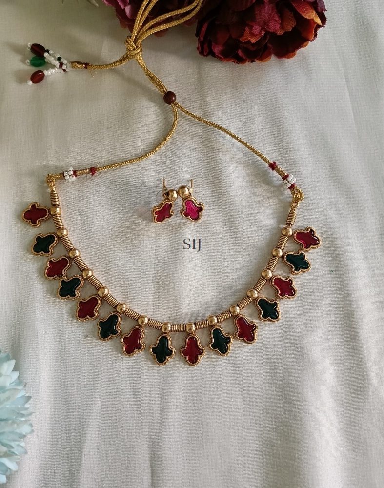 Pink &Green Flower Design Stone Necklace Set