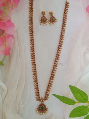 Red Color Kemp Stone &Pearl Drop Long Haaram Set