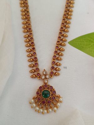 Red Color Kemp Stone &Pearl Drop Long Haaram Set