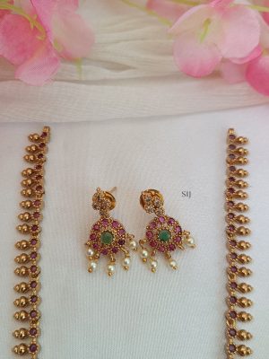 Red Color Kemp Stone &Pearl Drop Long Haaram Set