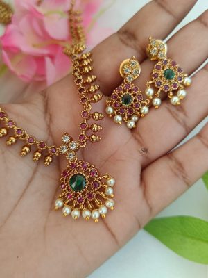 Red Color Kemp Stone &Pearl Drop Long Haaram Set