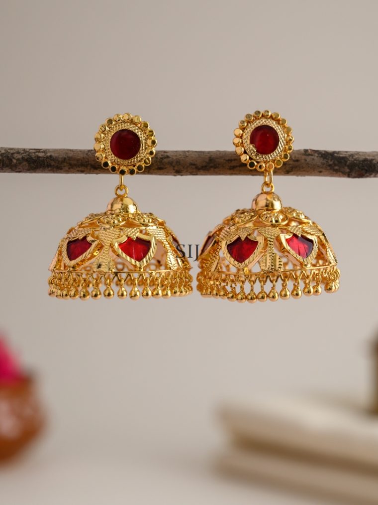 Red Stone Studded Kerala Style Palakka Jhumkas