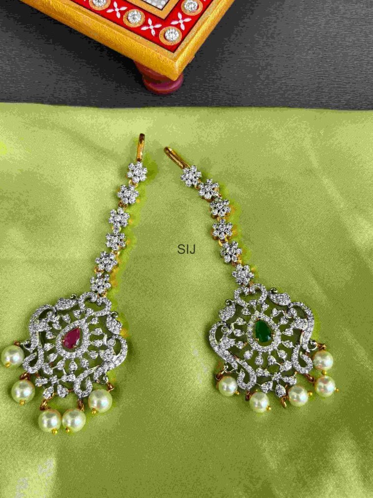 Red & Green Stone Pearl Drop Maang Tikka