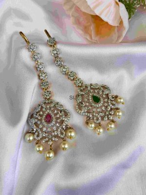 Red & Green Stone Pearl Drop Maang Tikka