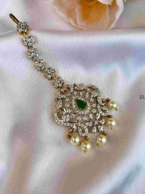 Red & Green Stone Pearl Drop Maang Tikka