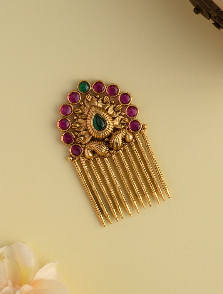 Ruby And Green Stones Hair Brooch