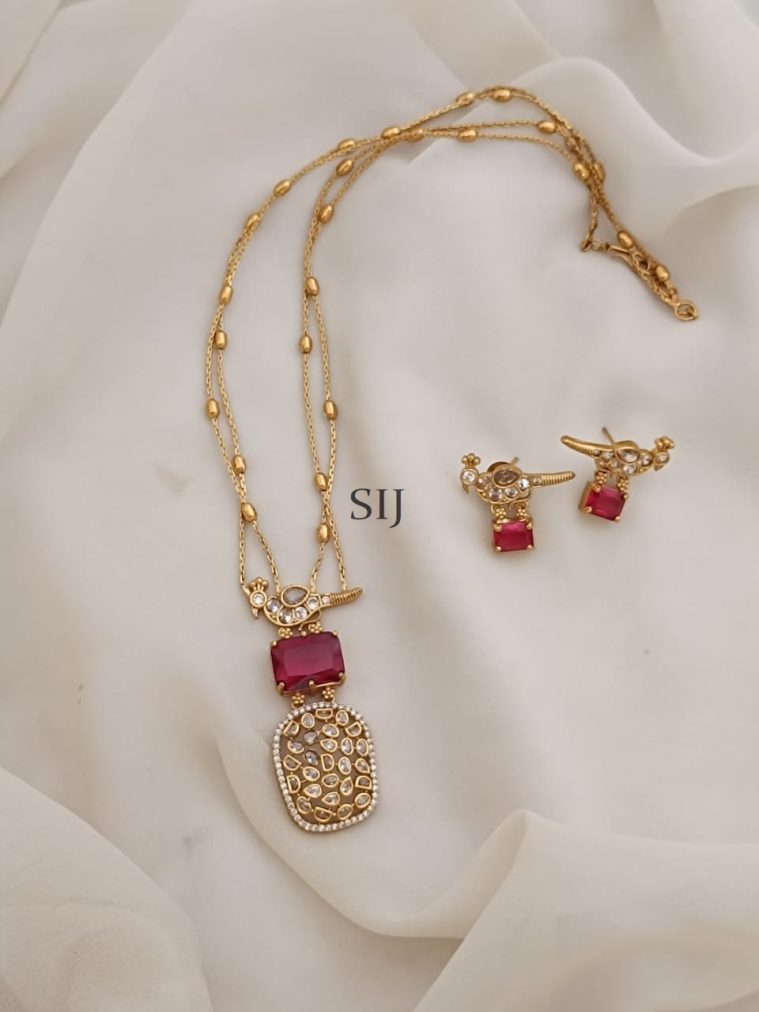 Ruby Stone Bird Design Layered Thin Chain Necklace