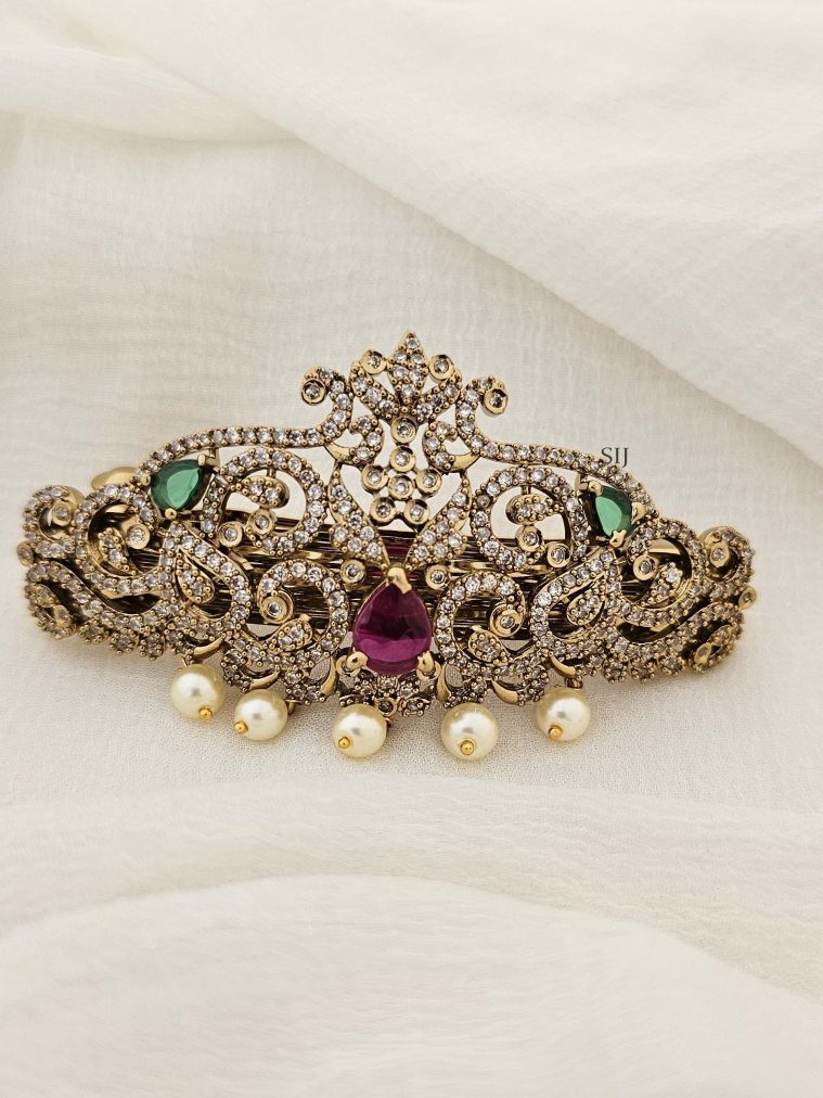 Gold Finish CZ and Kemp Stones Flower Design Hair Clip