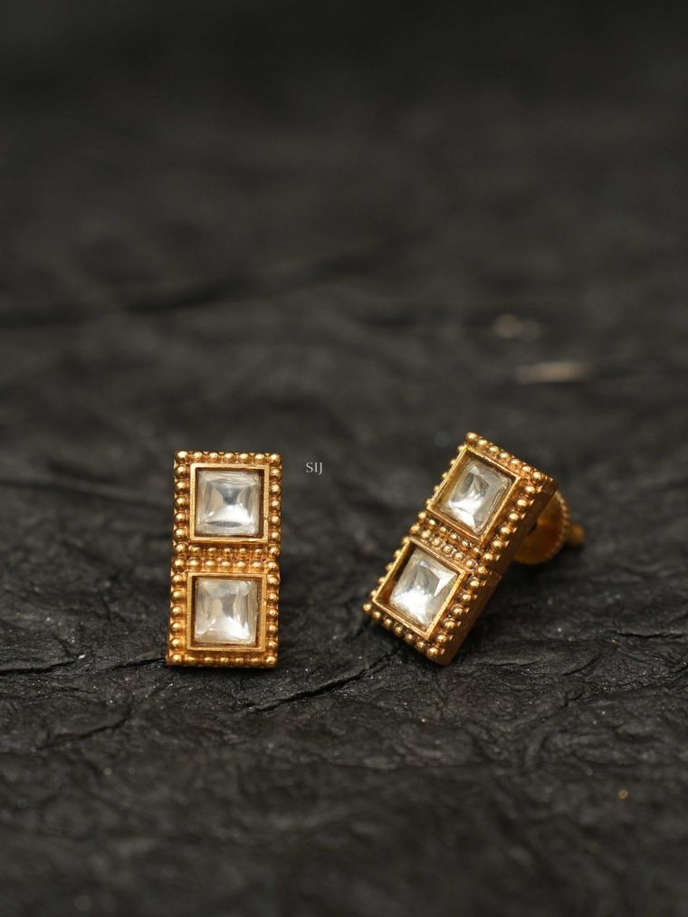 Square Shaped White Kundan Ear Studs