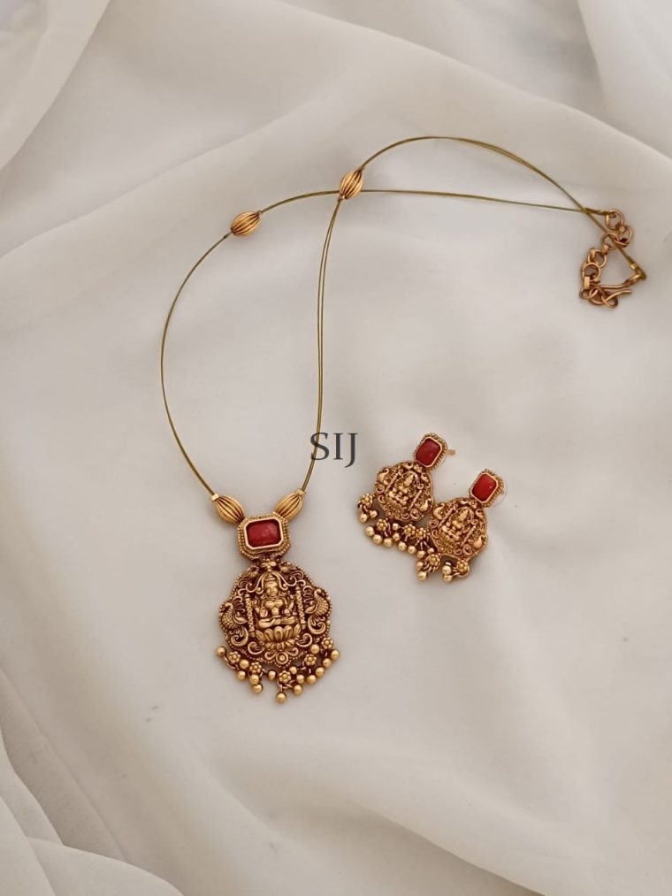 Traditional Coral Studded Lakshmi Pendant Invisible Necklace