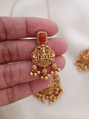 Traditional Coral Studded Lakshmi Pendant Invisible Necklace