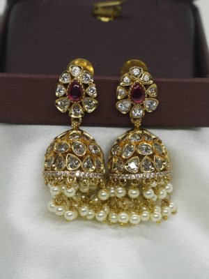 Two Layers Pearl Droped Kundan Jhumka Earrings