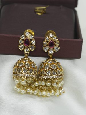 Two Layers Pearl Droped Kundan Jhumka Earrings