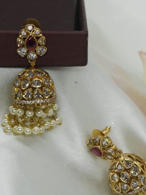 Two Layers Pearl Droped Kundan Jhumka Earrings