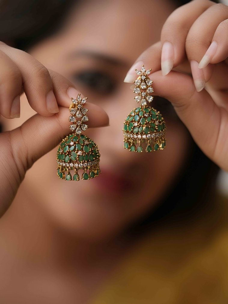 White &Green Zicron Stones Jhumkas