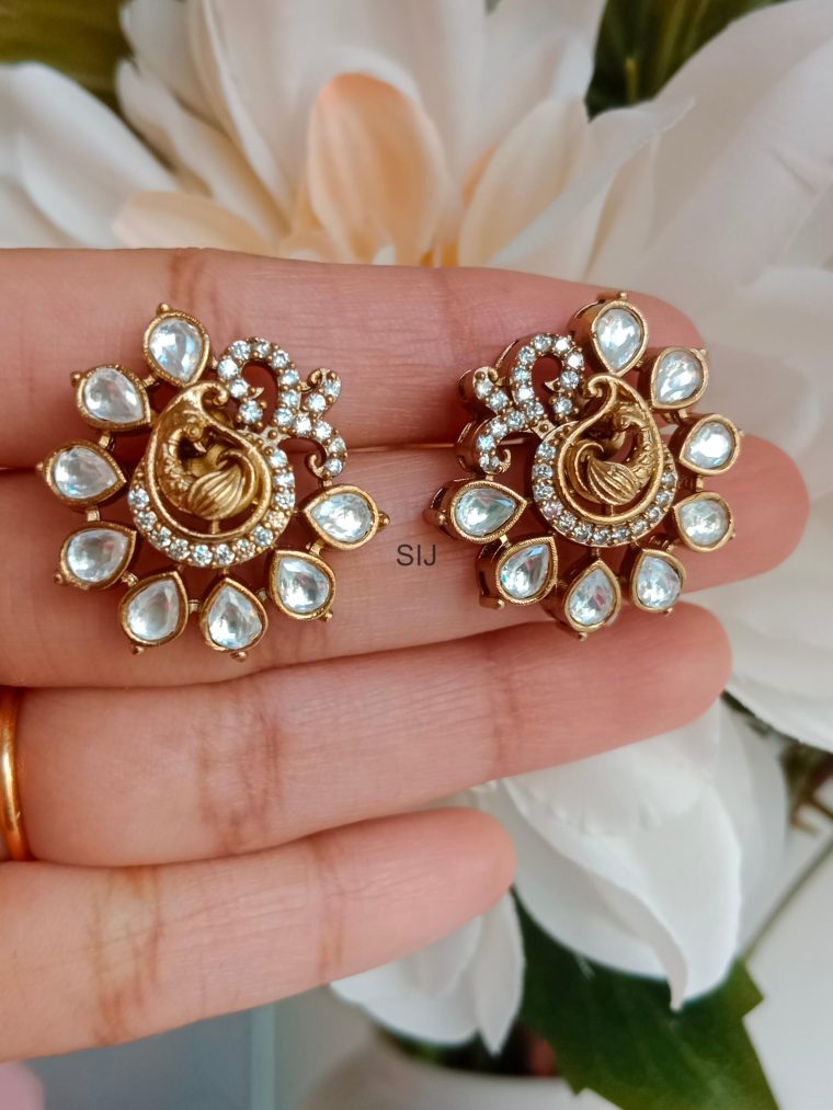 White Kundan Peacock Stud Earring