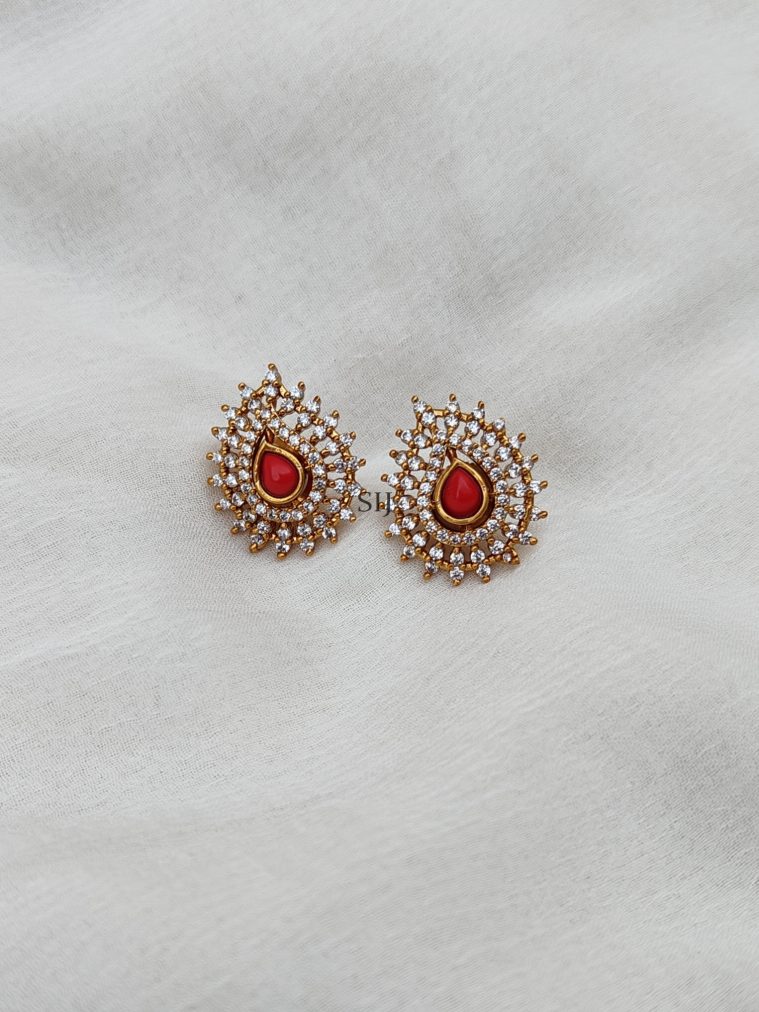 White& Red Stones Studded Mango Ear Studs