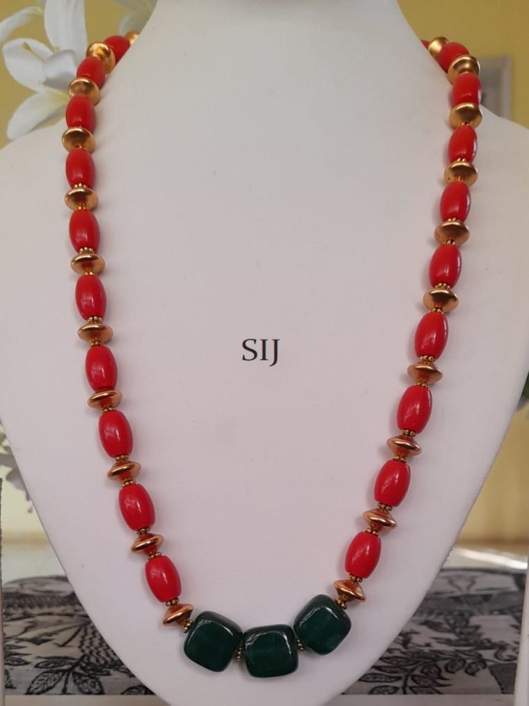 Coral Emerald Long Necklace Set