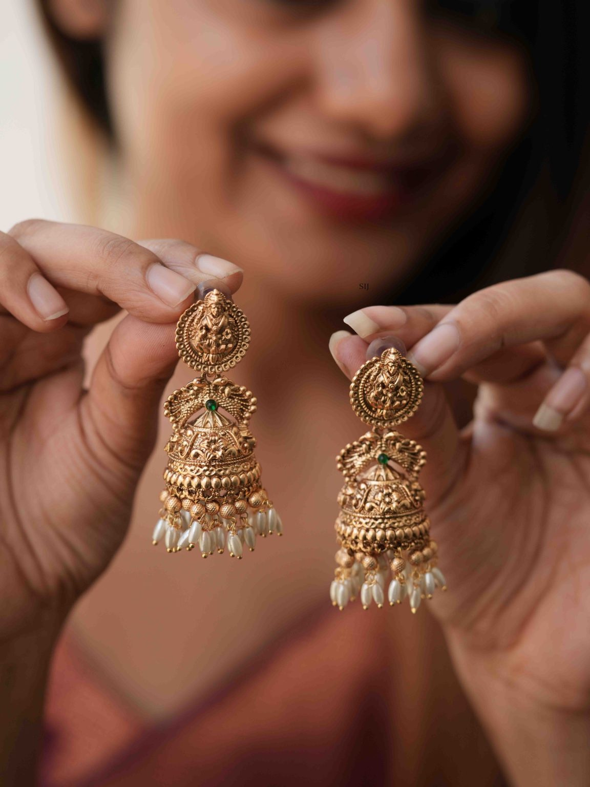 Temple Lakshmi Jhumkas with Rice Pearl Hangings