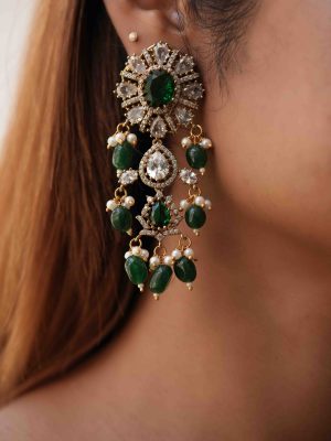 Gold Finish Zircon Stones and Agade Beads Earrings