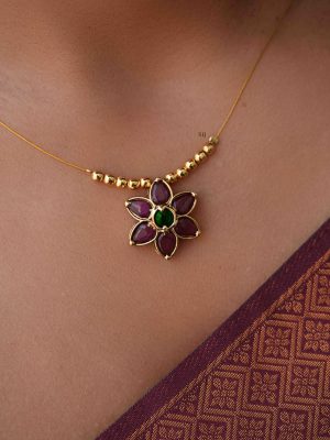 Gold Finish Kemp Stones Floral Pendant Invisible Necklace