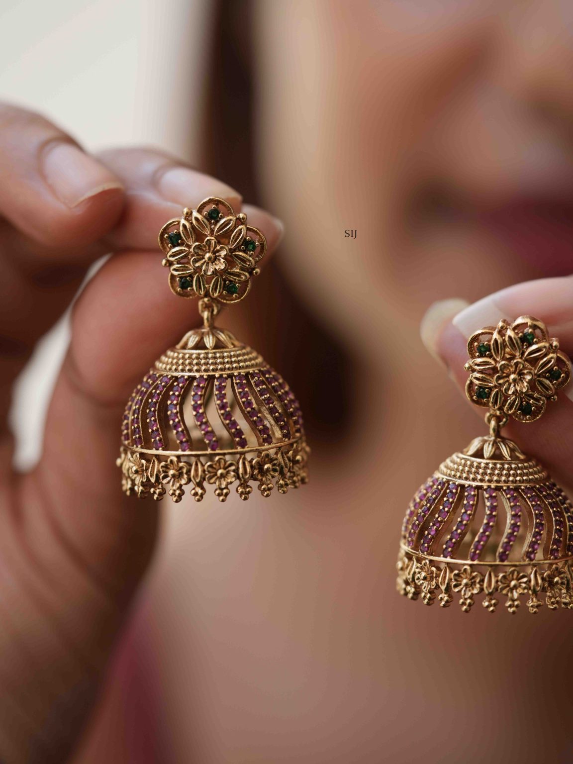 Matte Finish Floral Ruby Jhumkas