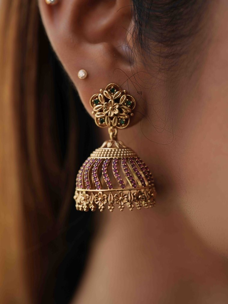 Matte Finish Floral Ruby Jhumkas