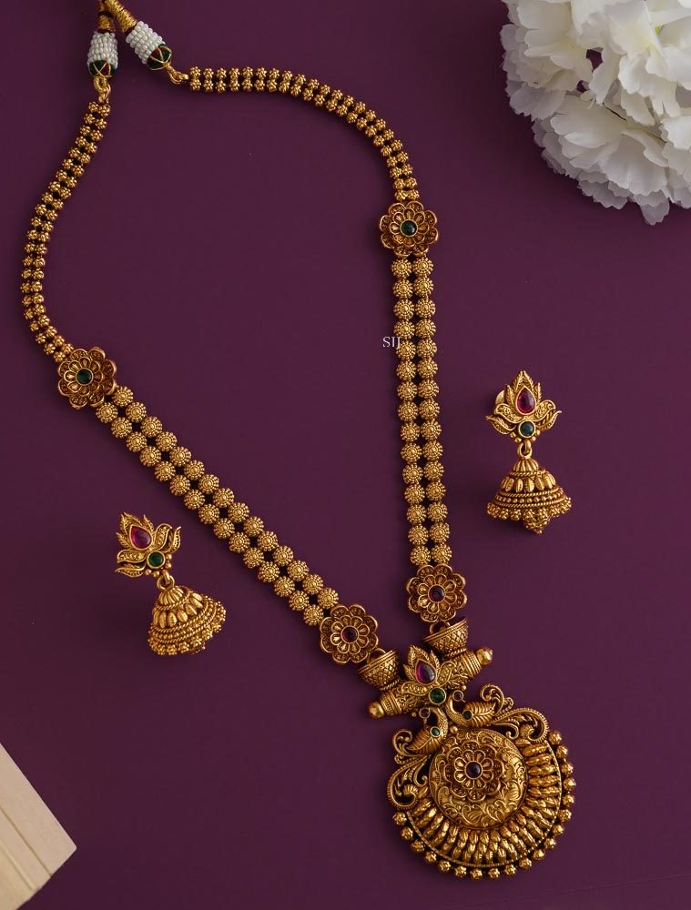 Gold Finish Floral Design Haram with Dual Peacock Pendant