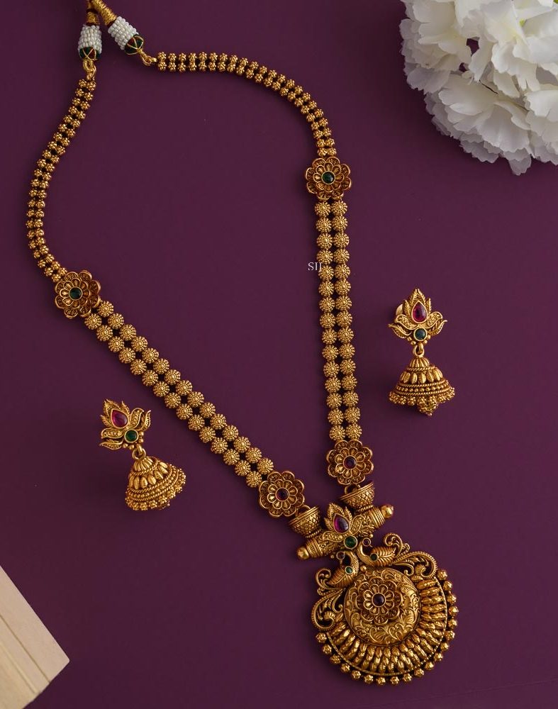 Gold Finish Floral Design Haram with Dual Peacock Pendant