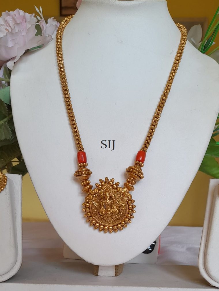 Gold Plated Coral Lakshmi Pendant Necklace Set