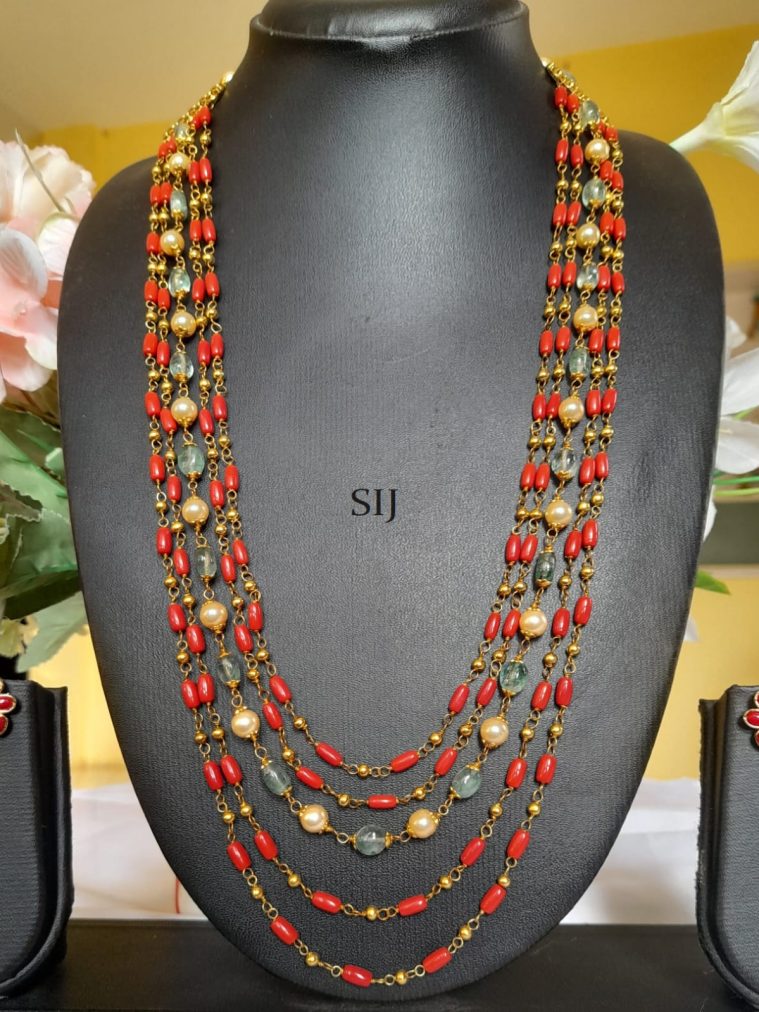 Multi Layer Coral Pearl Long Necklace Set