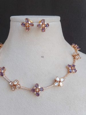 Gold Finish White and Purple Moissanite Stones Flower Necklace