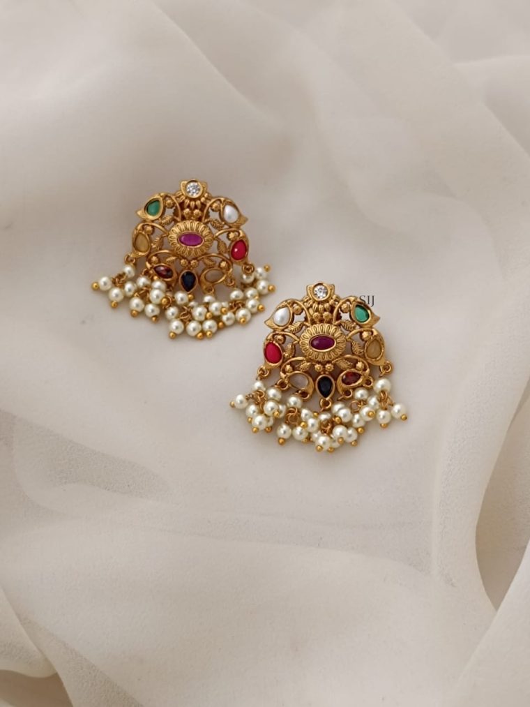 Gold Covering Navaratna Earrings with Guttapusalu