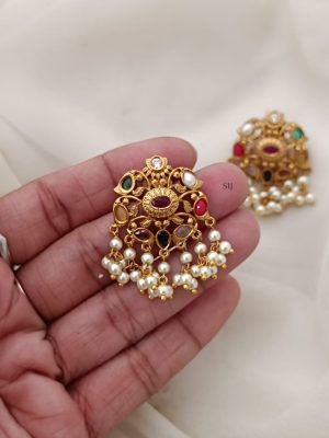 Gold Covering Navaratna Earrings with Guttapusalu