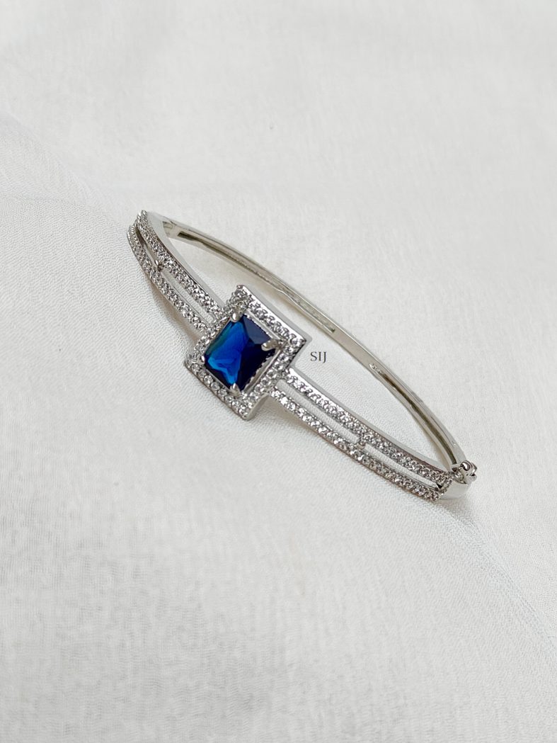 Silver Polish Square Blue Stone and White Stones Kada